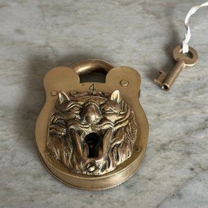 Rare Antique Lion Head Brass Padlock & Key